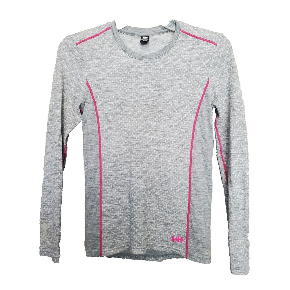 Helly Hansen Merino Wool Mid Graphic Thermal Baselayer Top Gray Pink Trim Sz XS